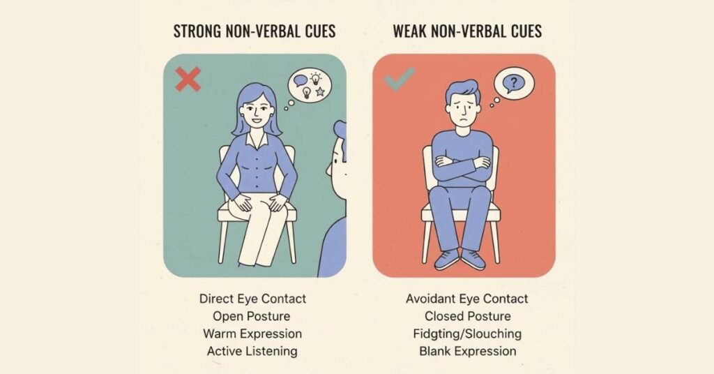 Comparison of strong vs weak body language in first impressions.