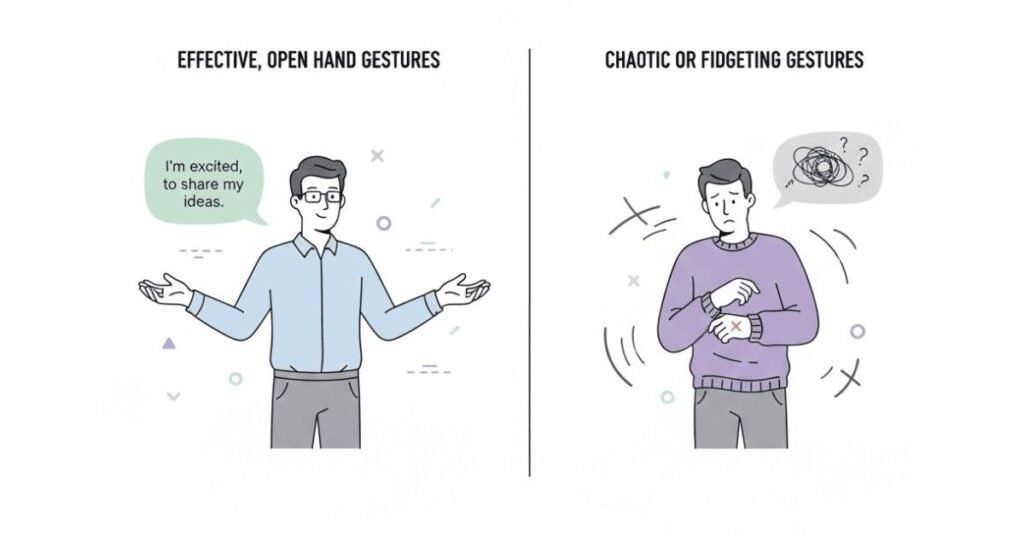 Good vs distracting hand gestures during self-introduction.