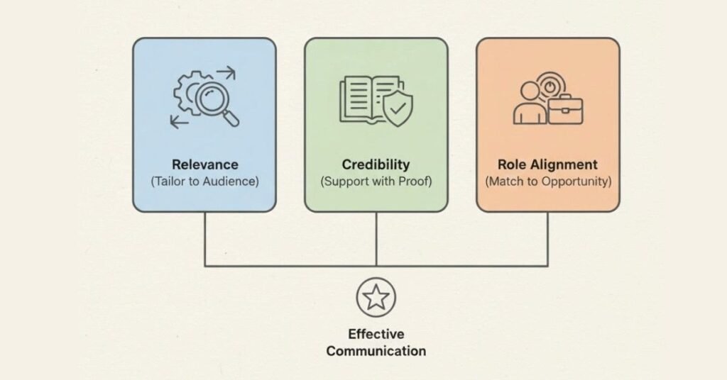 Icons showing relevance, credibility, and role alignment.