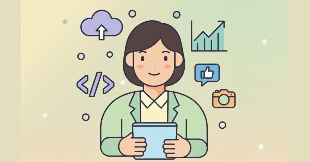 Tech professional with coding, cloud, and AI icons.