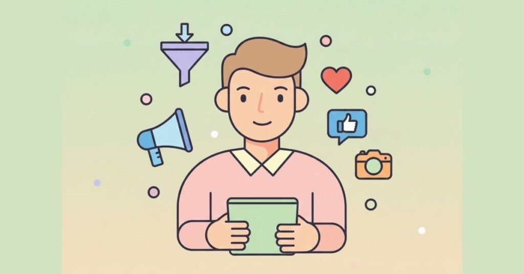 Marketing professional with funnel, megaphone, and social icons.