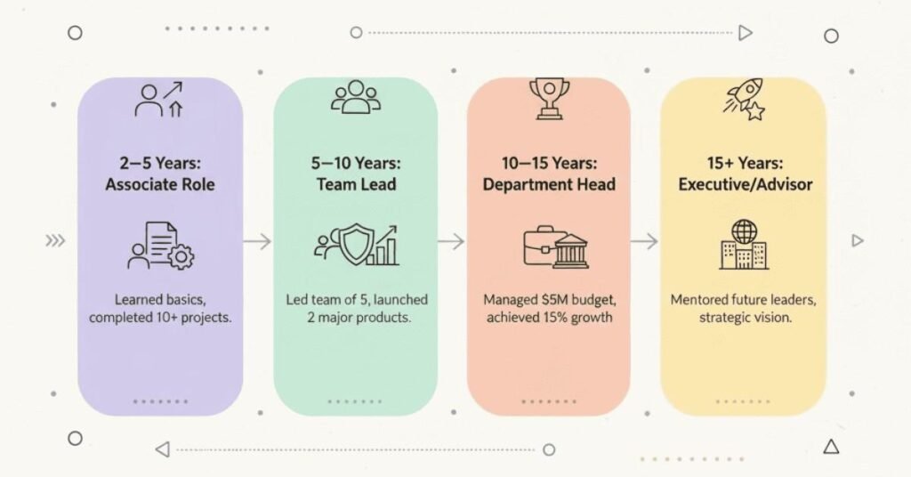 Professional career timeline showing role progression.