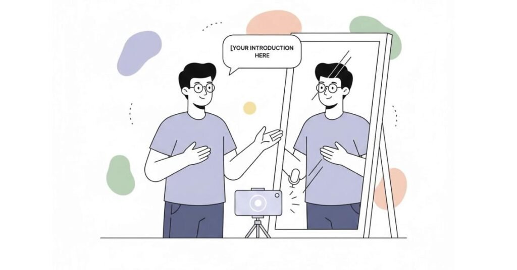 Person practicing self-introduction in front of mirror with phone recording.