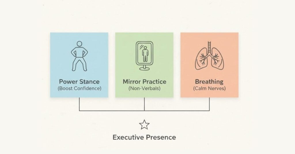Confidence-building exercises like posture, mirror practice, breathing.