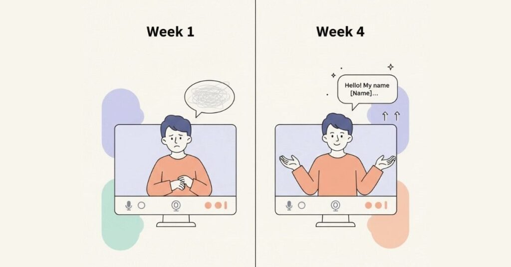 Week 1 vs Week 4 video comparison method.