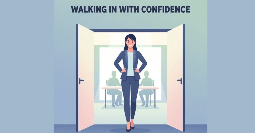 Confident person entering an interview room for introduction.