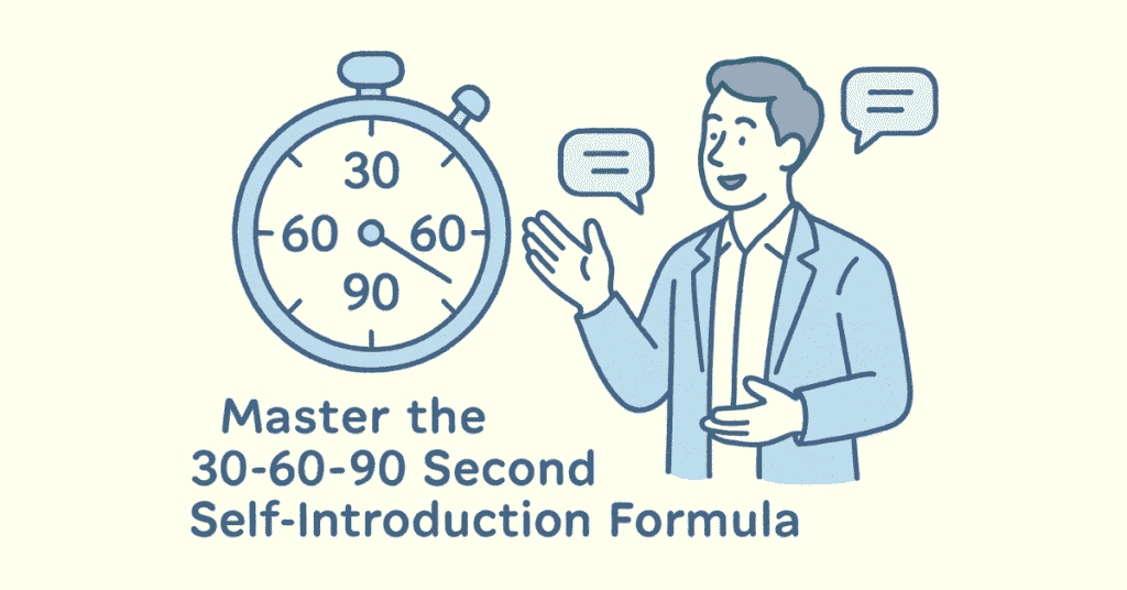 “30-60-90 self-introduction formula with stopwatch and candidate illustration.”