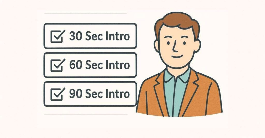 “Horizontal checklist for preparing 30, 60, and 90 second introductions.”