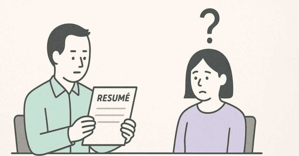 “Candidate reciting resume while interviewer looks confused.”