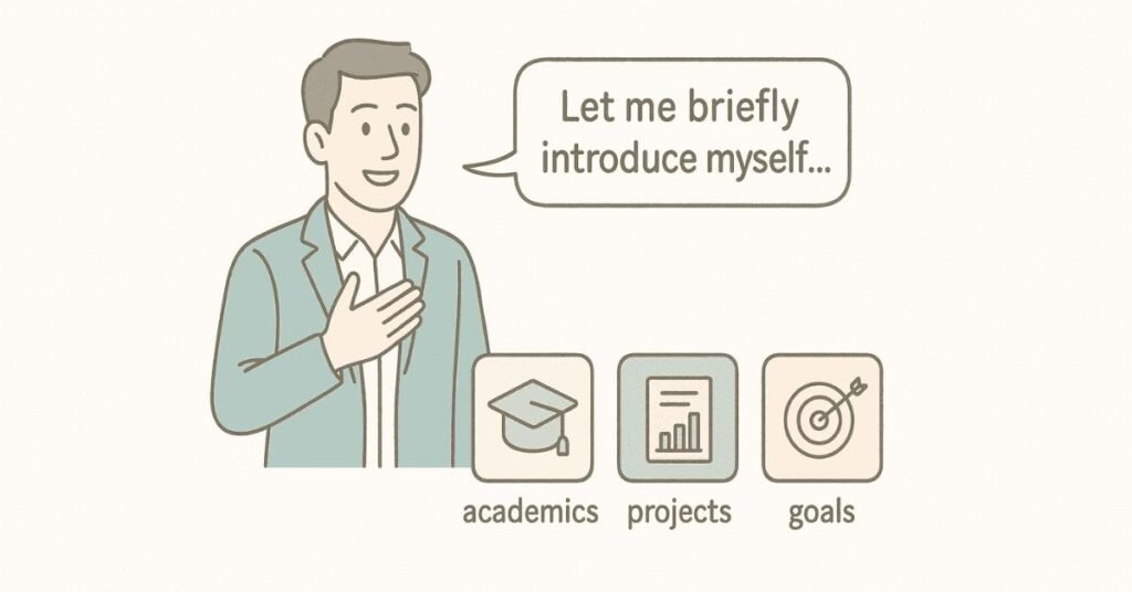Fresher confidently giving self-introduction with icons for academics, project work, and goals.
