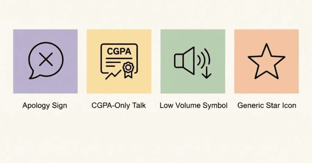 Icons showing common fresher introduction mistakes like apologizing, focusing only on marks, and generic answers.