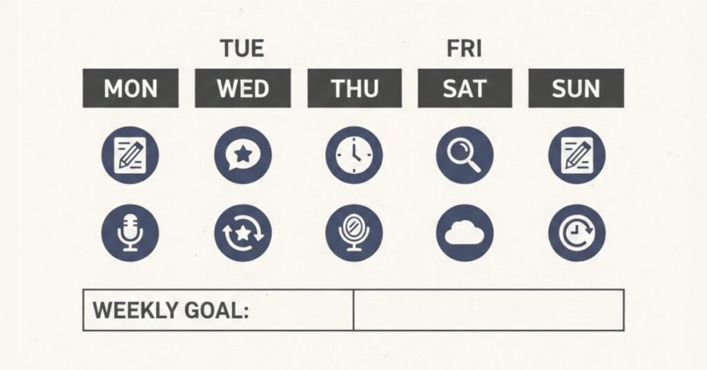 Weekly practice plan showing writing, recording, feedback, revision, and company research tasks.