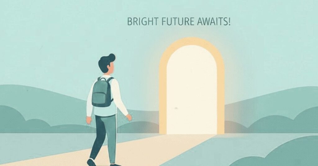 Fresher walking confidently toward a job opportunity door.