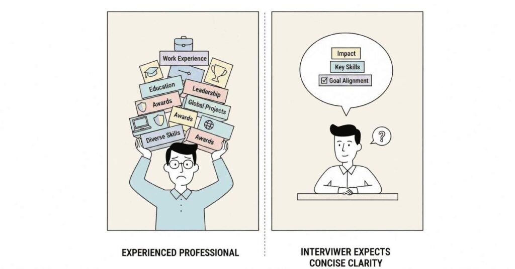 Professional managing multiple achievements while interviewer expects clarity.