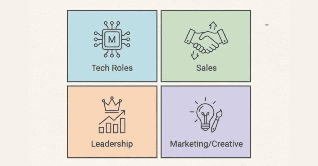 Icons showing tailored introduction strategies for tech, sales, management, and creative roles.
