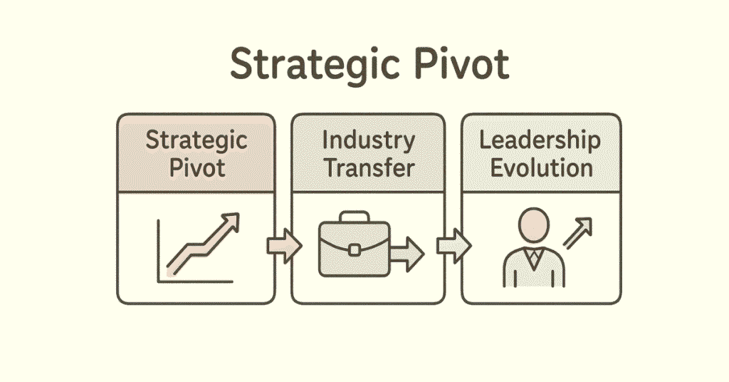 Three-block infographic showing strategic pivot, industry transfer, and leadership evolution.