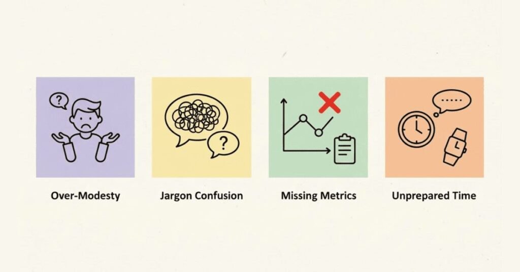 Icons representing modesty, jargon overload, weak metrics, and timing mistakes.