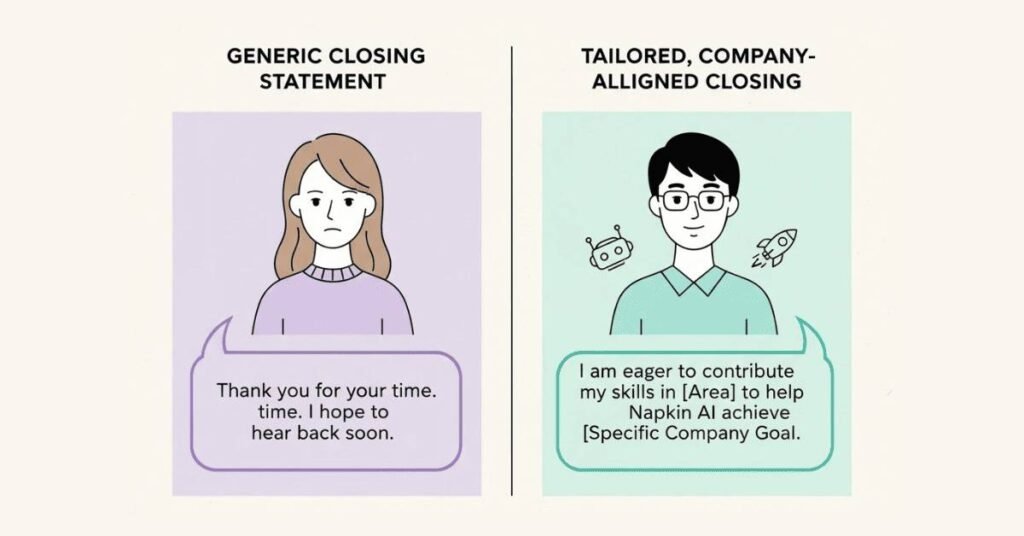 Generic interview closing line vs company-specific tailored ending visual.