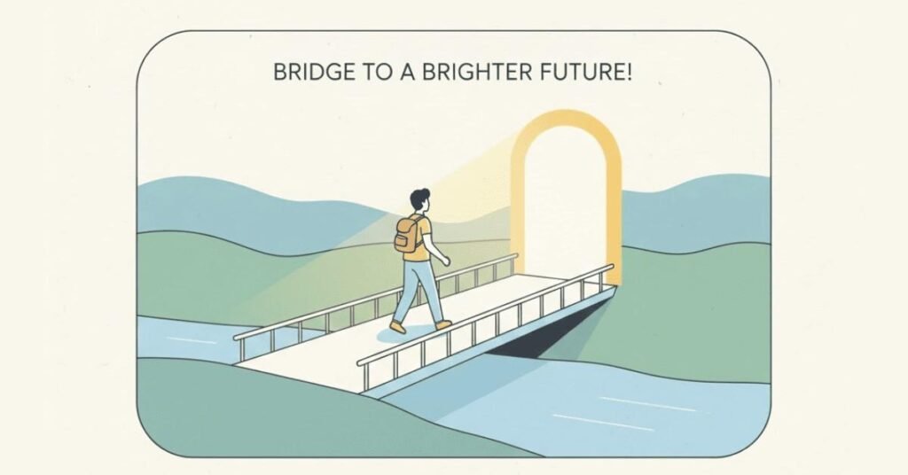 Person crossing a bridge toward new career opportunities.