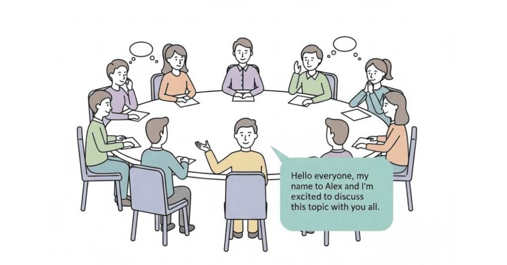 Group discussion circle with one candidate confidently introducing themselves.