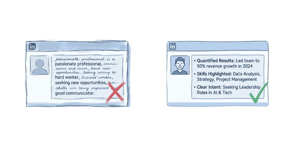 Comparison of weak vs strong LinkedIn About section showcasing how quantified results and keywords improve profile quality.