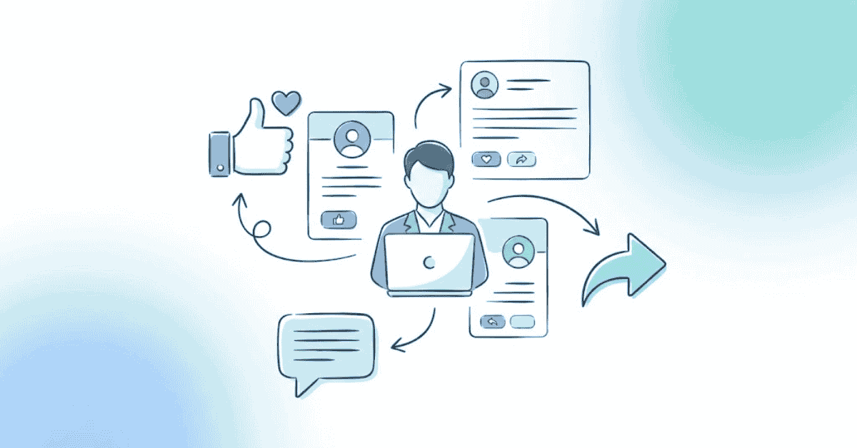 Illustration showing LinkedIn activity actions like posting, commenting, and profile updating for visibility.