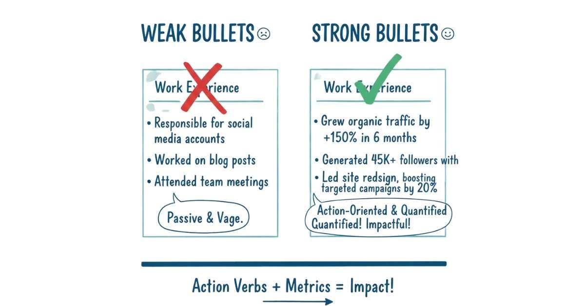 Comparison of weak resume bullet points versus strong, metric-driven achievements.