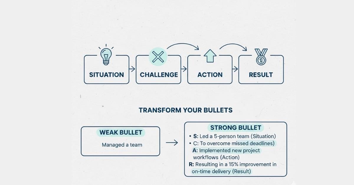 Illustration explaining the SCAR method for turning tasks into impactful resume achievements.