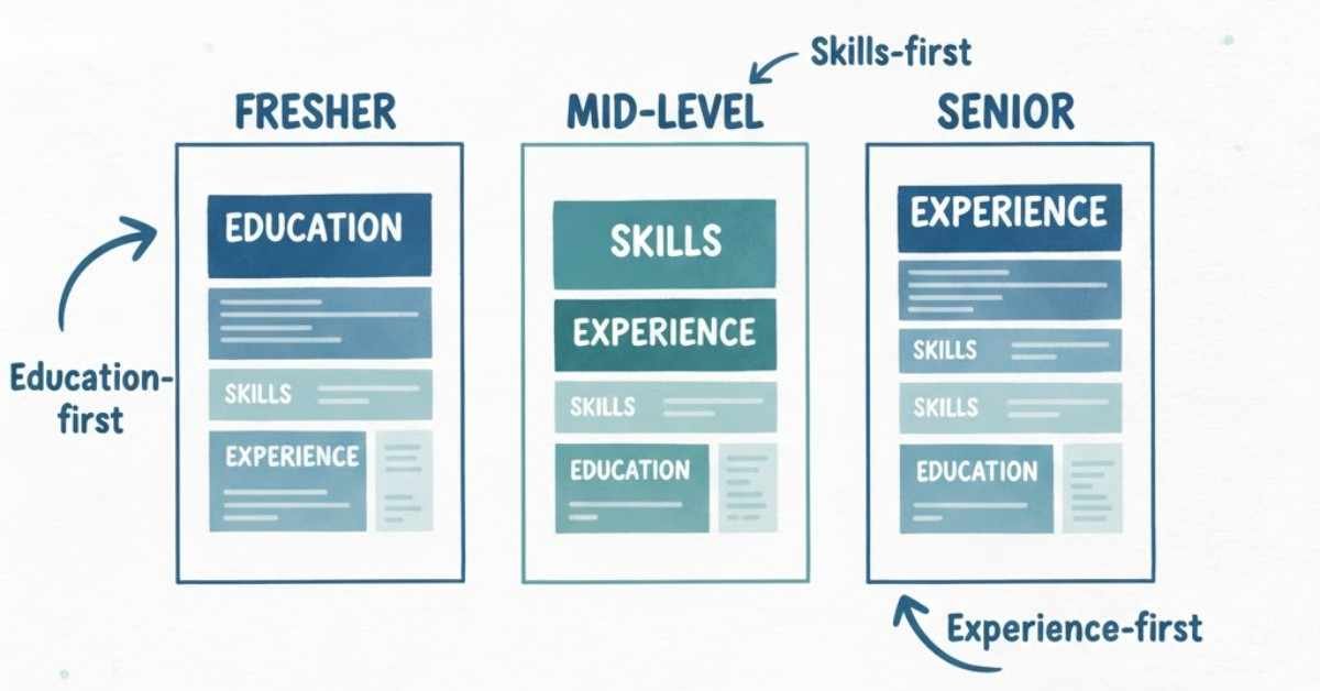 Hero banner showing fresher, mid-level and senior resume format differences.