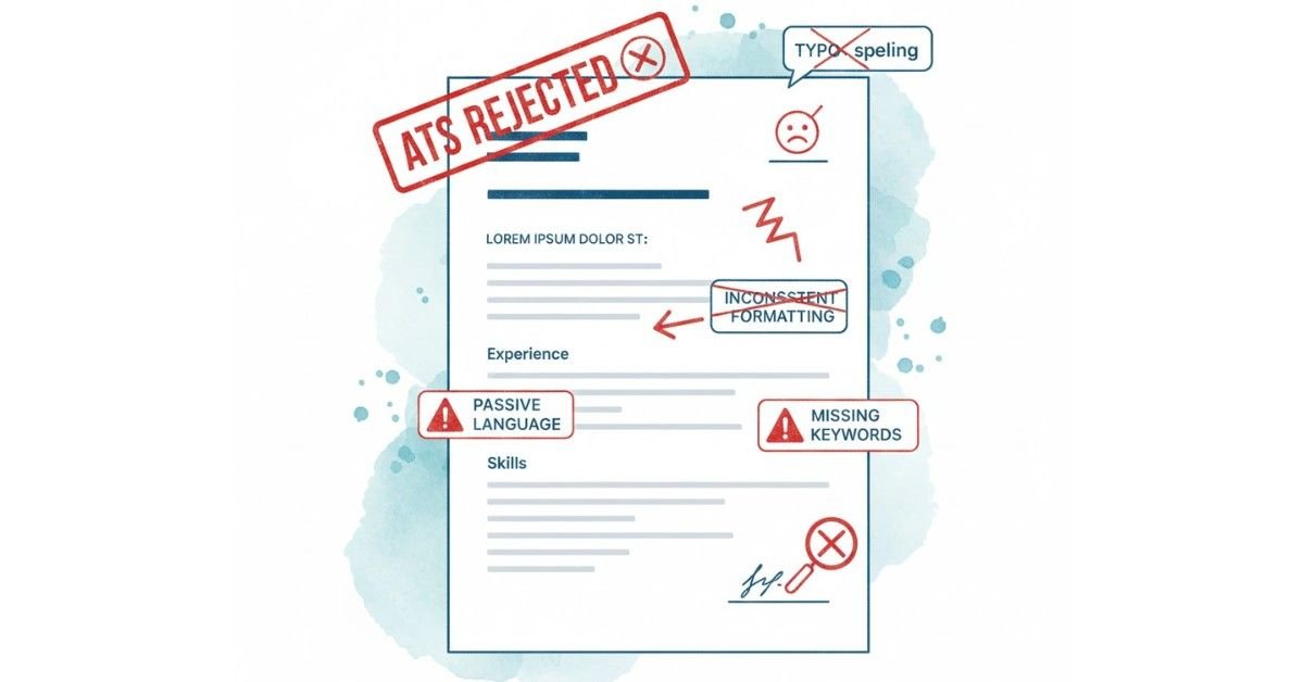 Hero banner highlighting common resume mistakes such as typos, weak verbs, formatting issues, and ATS rejection.