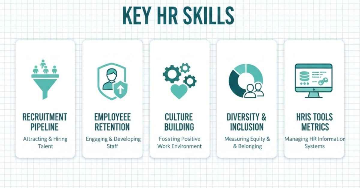 Graphic showing HR resume structure with talent acquisition, employee engagement, and culture metrics.