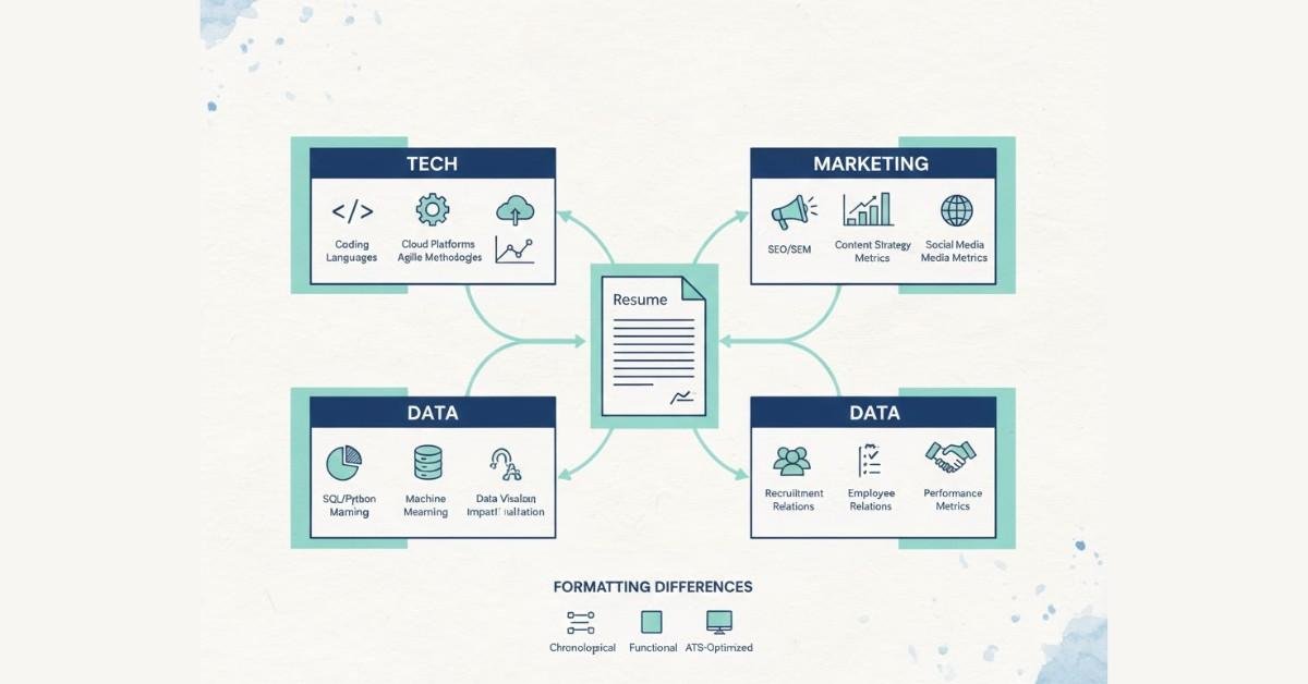 Infographic showing how to adapt a resume based on industry priorities like skills, tools, and metrics.