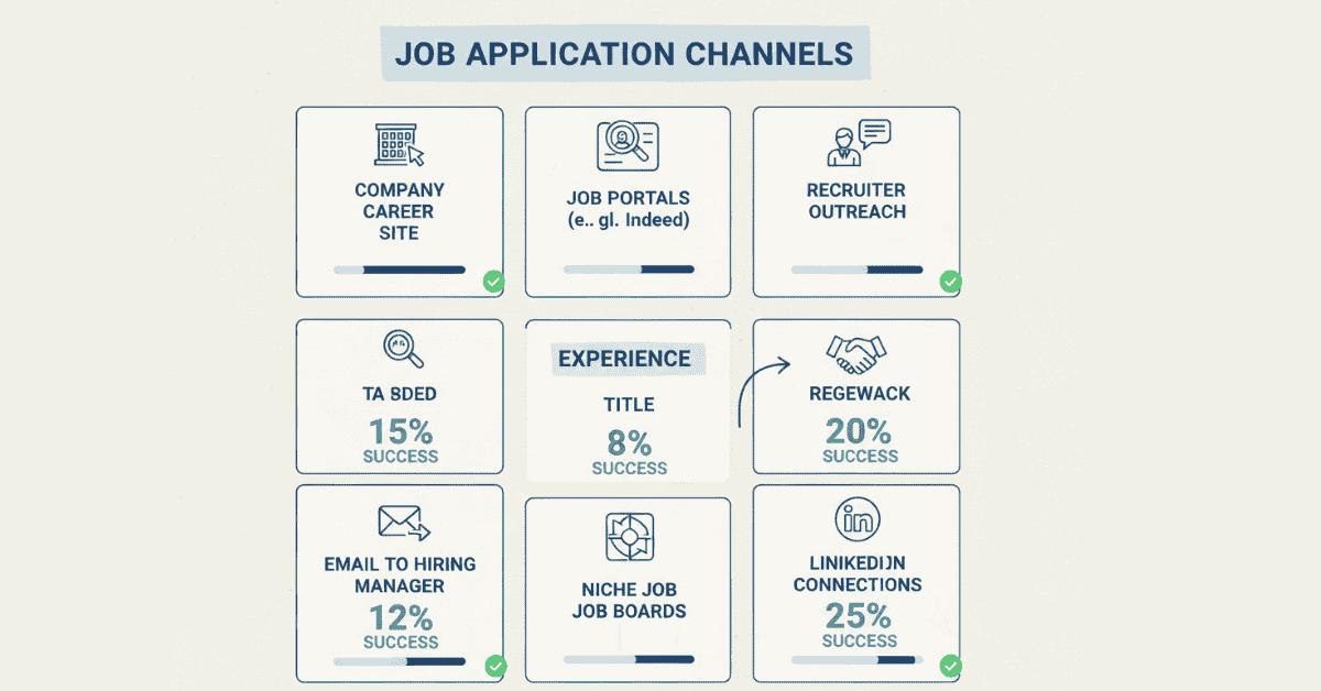 Infographic comparing effectiveness of resume submission channels like portals, career sites, and recruiter outreach.