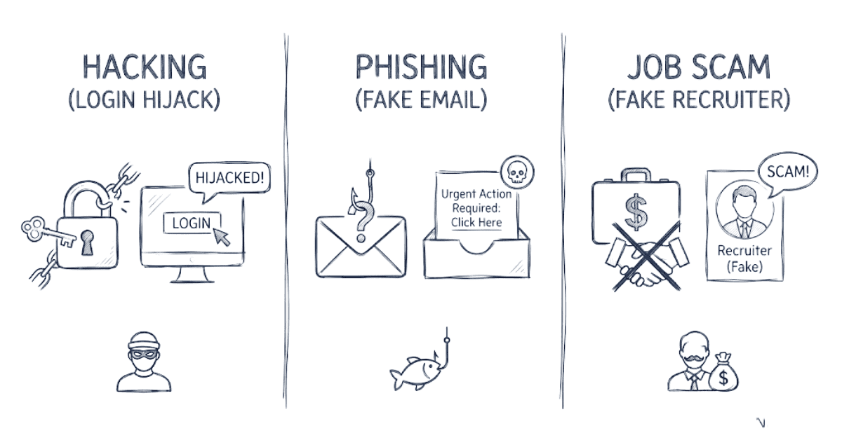 Graphic showing common LinkedIn threats like hacking, phishing, and fake job scams.