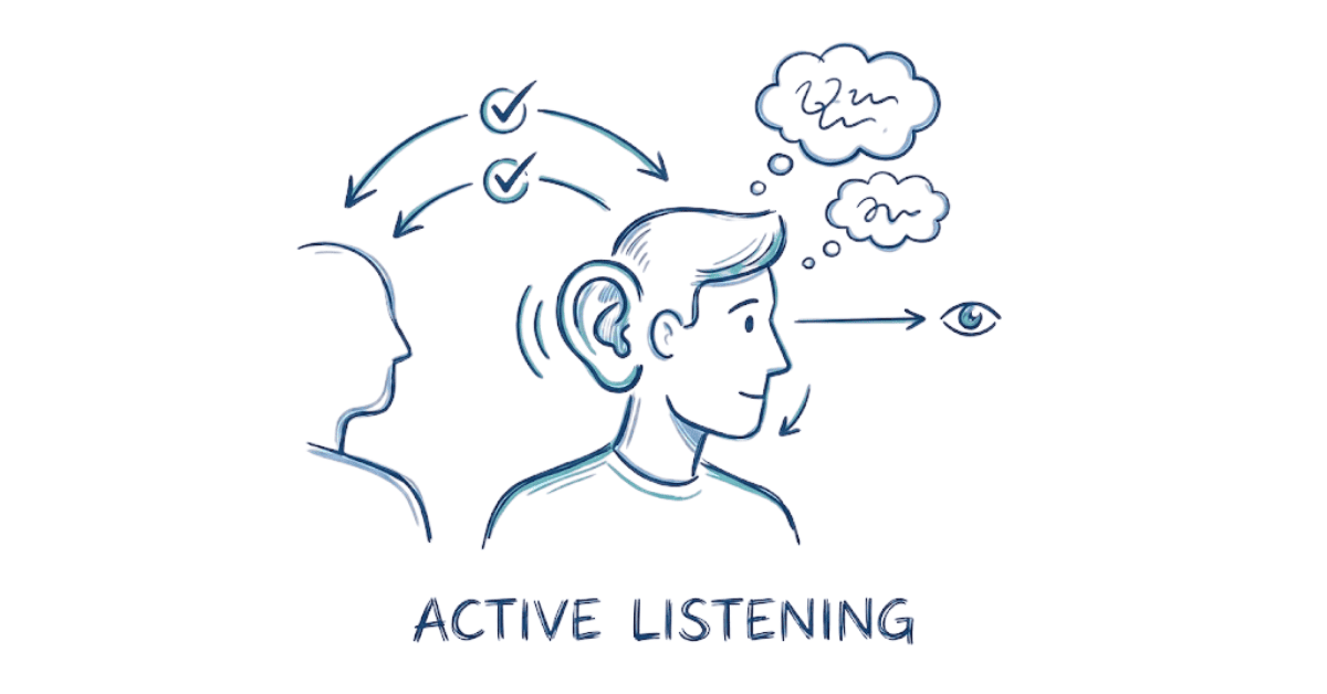 Illustration of active listening techniques like nodding, eye contact, and acknowledgement cues.