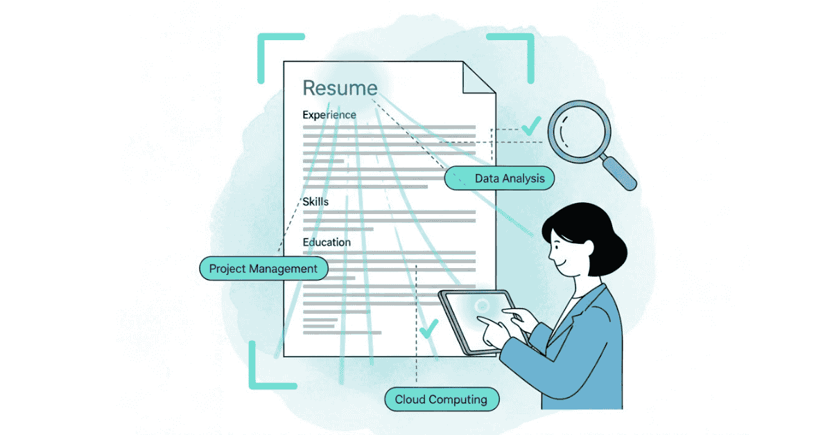 Hero image showing 2025 ATS-friendly resume with keywords and scanning lines.