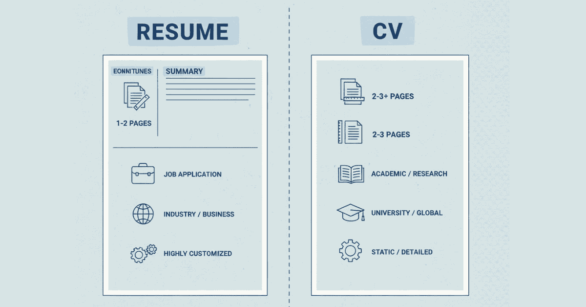 Comparison of resume vs CV length, purpose, and usage in modern hiring.