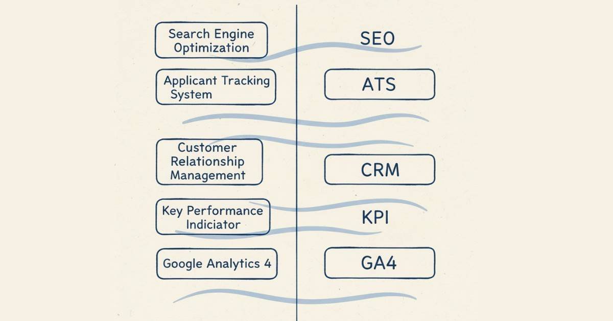 Illustration comparing long-form keywords and acronym versions for better ATS matching.
