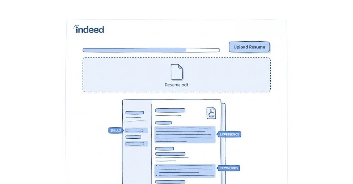 Illustration showing optimized Indeed resume with keywords and clear formatting.