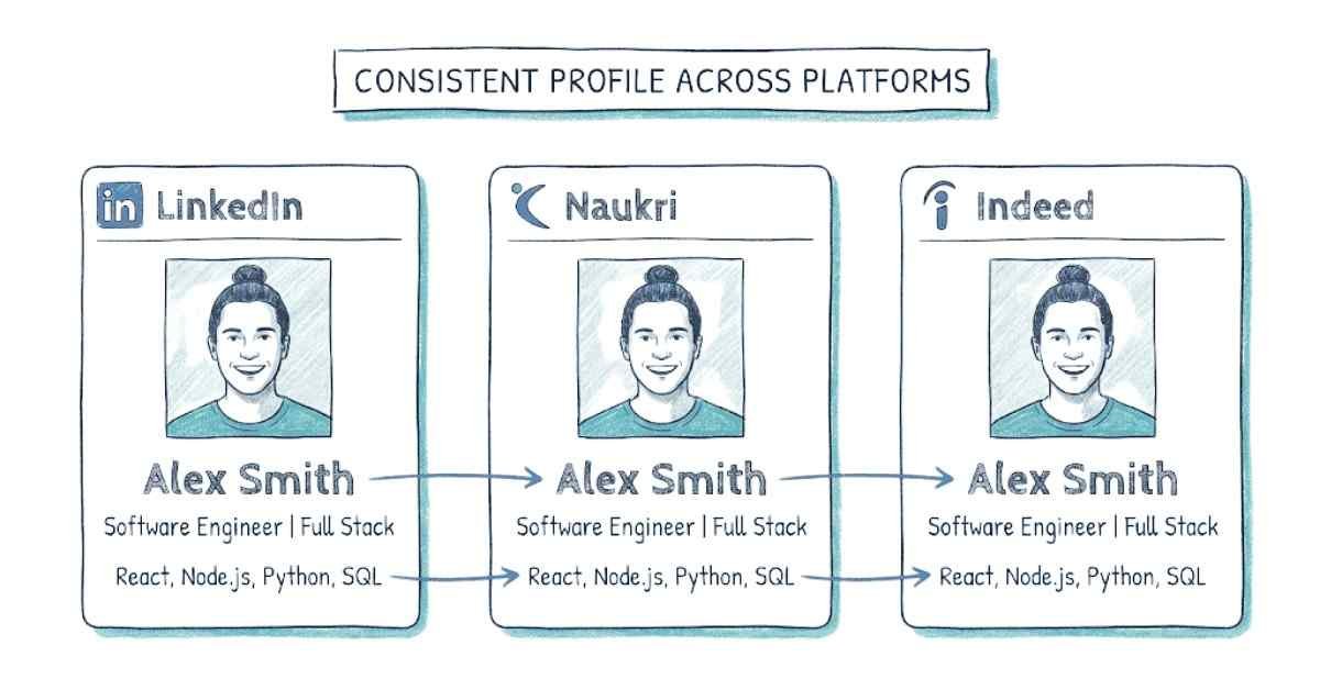 Illustration showing how to maintain consistent branding across LinkedIn, Naukri, and Indeed profiles.