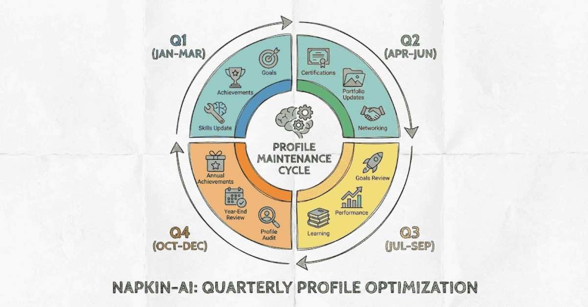 Quarterly LinkedIn profile maintenance cycle infographic (Q1–Q4).