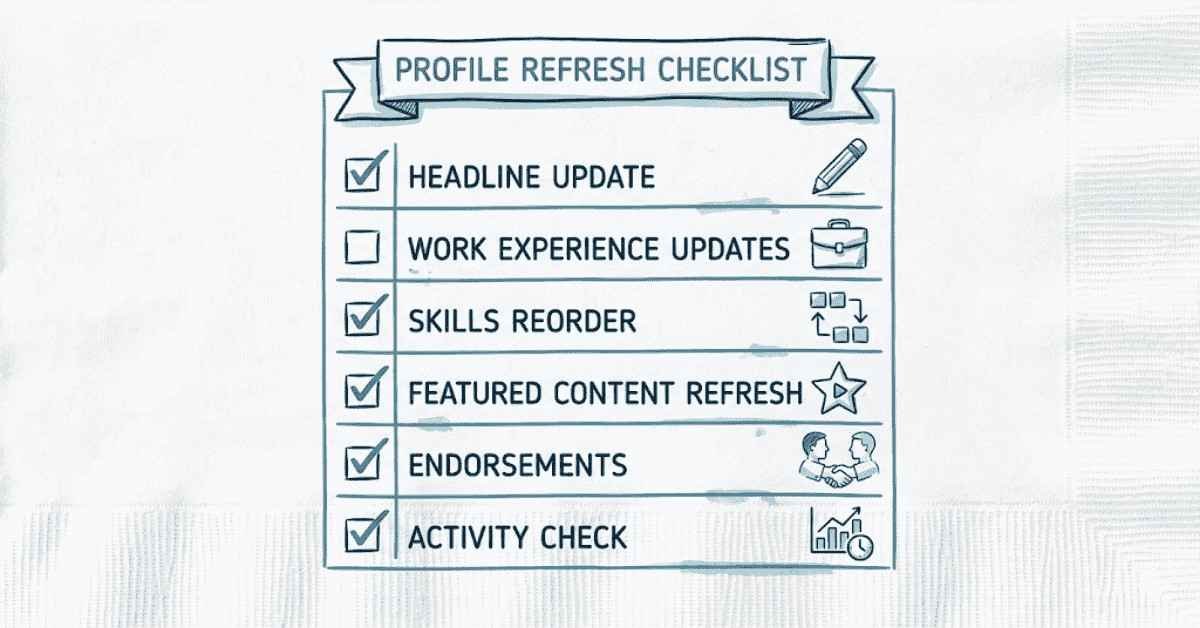 Checklist visual showing LinkedIn profile updates: headline, skills, achievements, featured section.