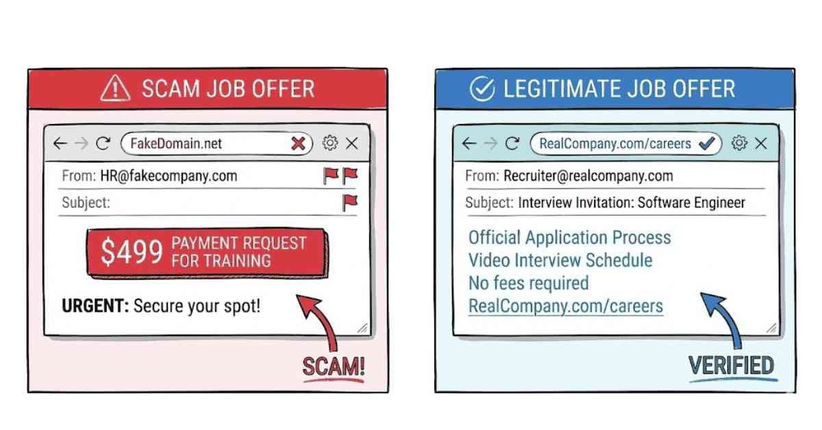 Comparison of scam job offers versus legitimate recruiter messages on LinkedIn.