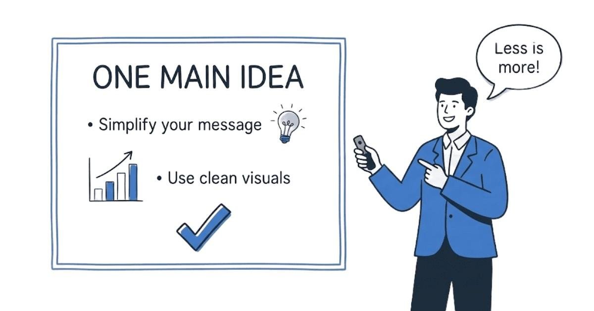 Illustration showing effective presentation skills and clean slide design principles.