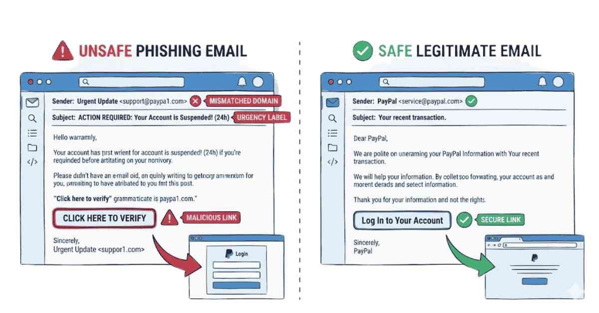 Illustration showing how to recognize phishing emails with red flags.