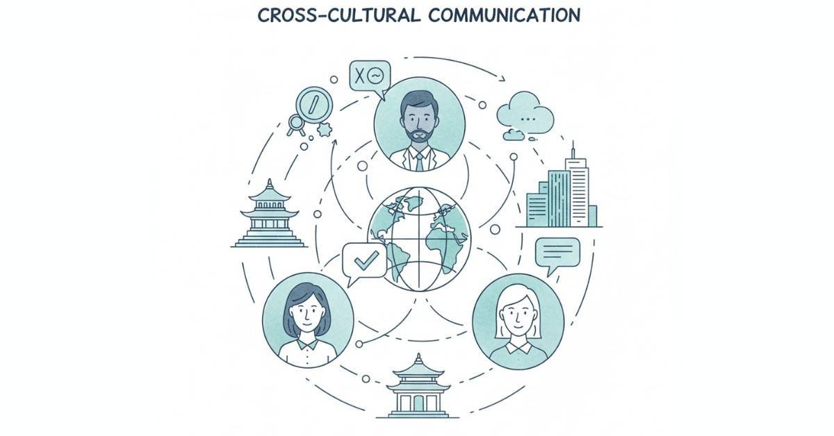 Graphic showing cross-cultural communication with diverse global team icons.