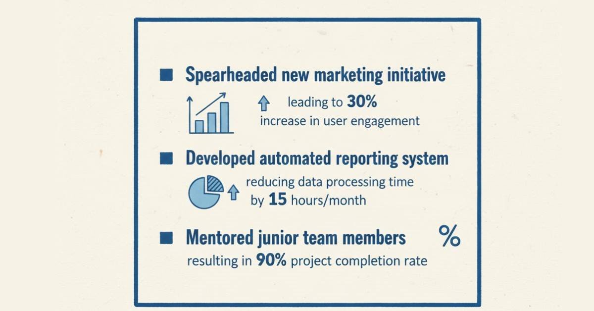 Illustration of strong resume bullet points showing action verbs and measurable achievements.