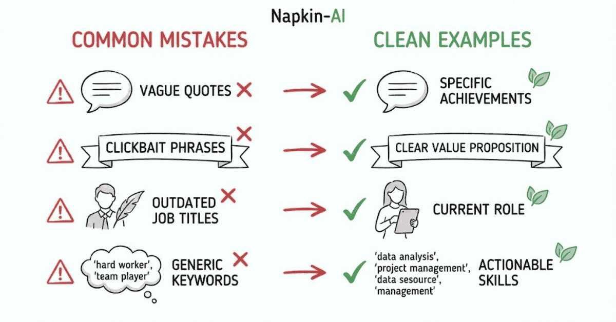 Illustration showing common LinkedIn headline mistakes like vague titles and lack of keywords.