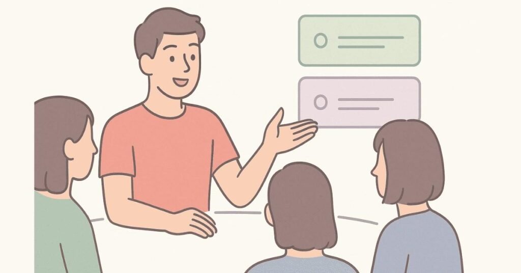 Illustration of a student confidently initiating a discussion with structured points.