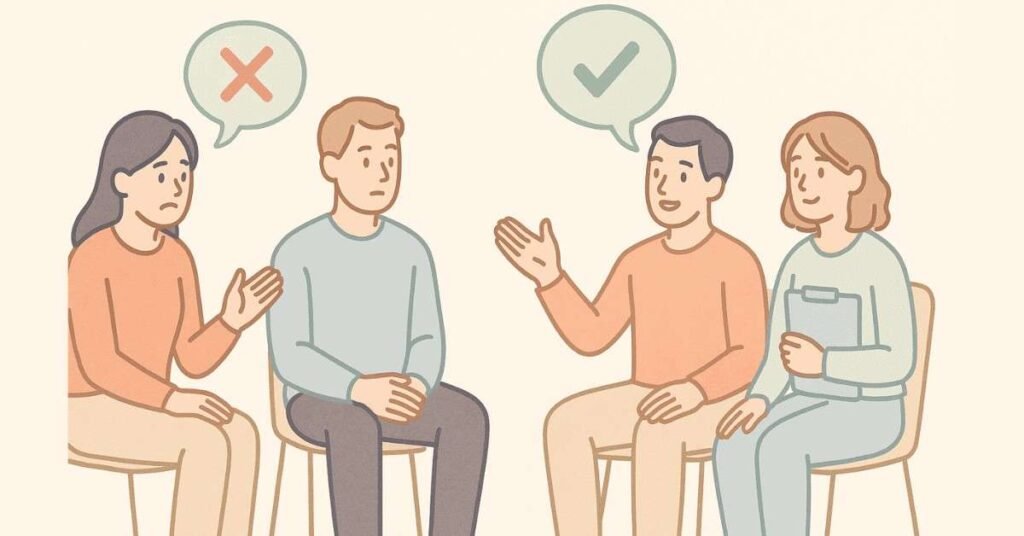 Visual showing professional disagreement handling and summarizing in a group discussion.